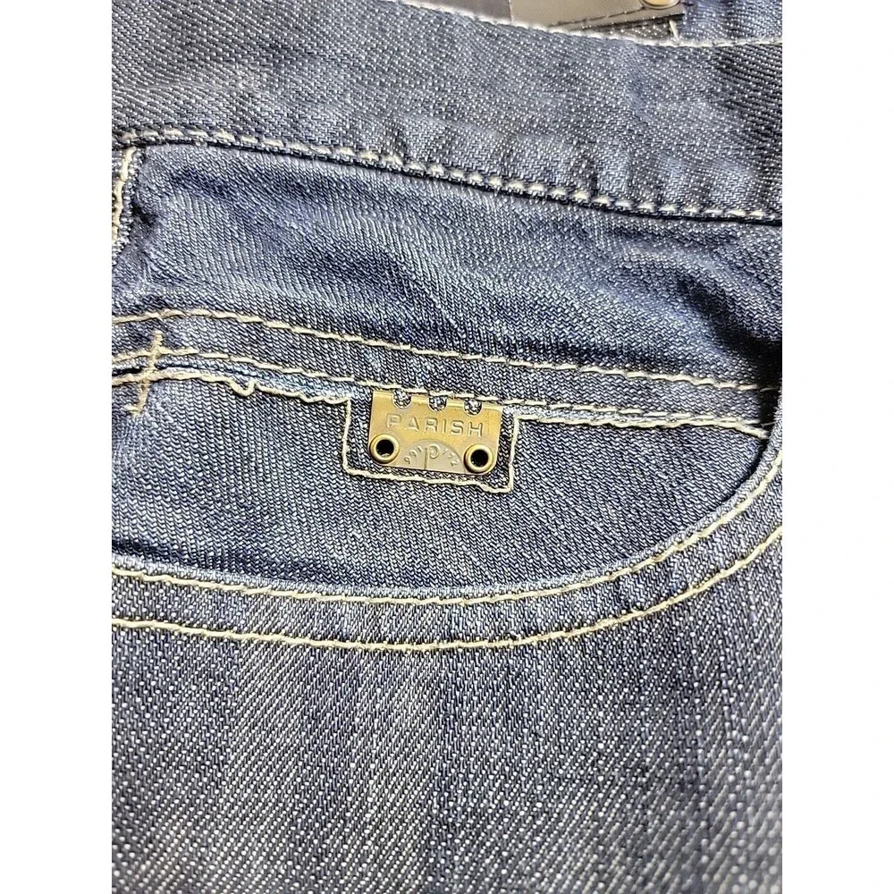Parish Nation Jeans Mens 35x31 Dark Blue Plaque Baggy Embroidered Hip Hop Cotton